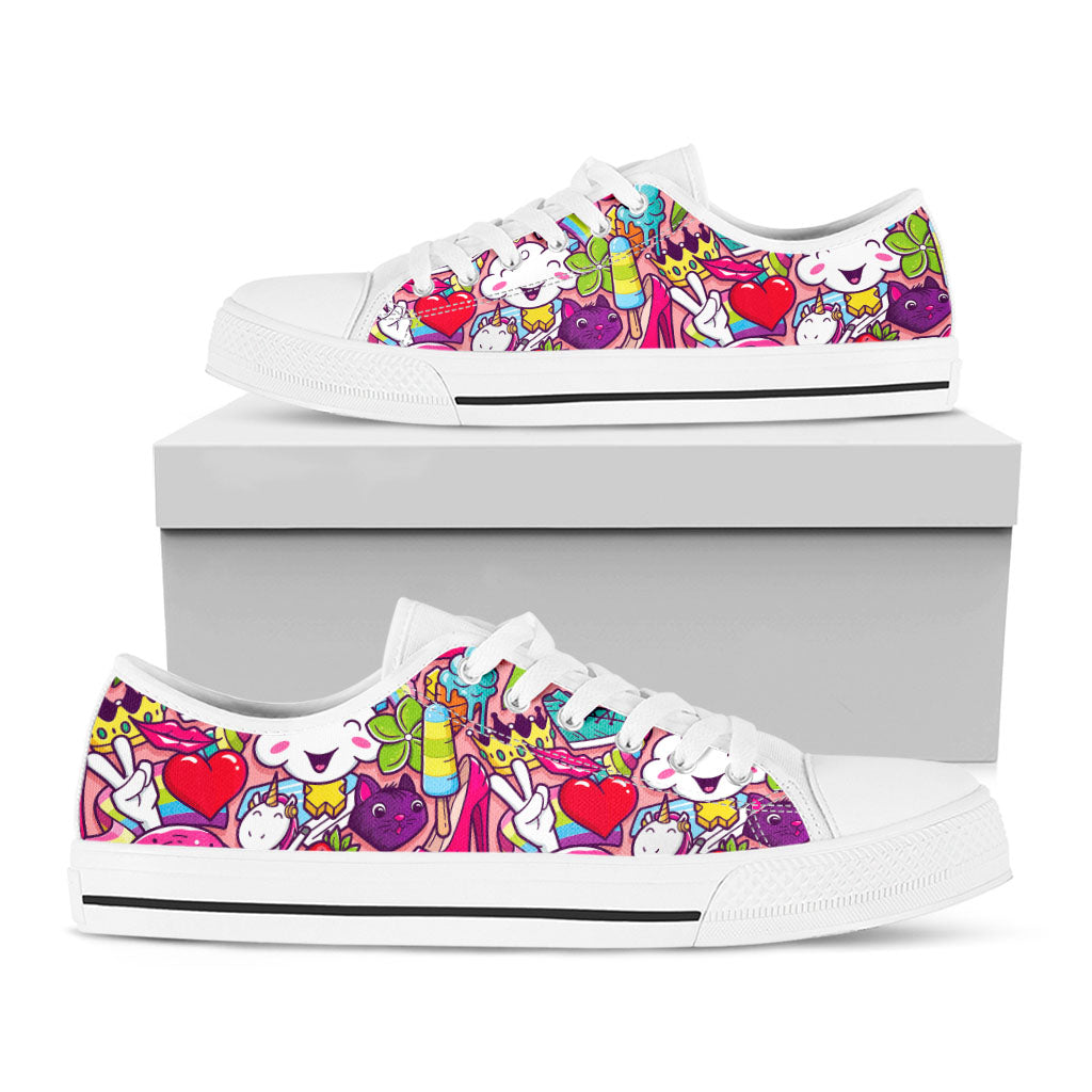 Girly Unicorn Cartoon Pattern Print White Low Top Sneakers