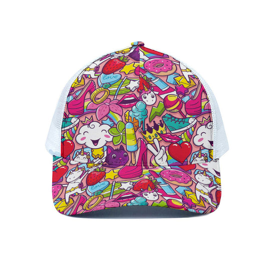 Girly Unicorn Cartoon Pattern Print White Mesh Trucker Cap
