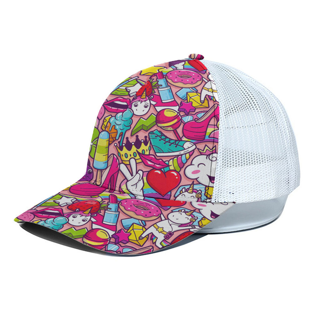 Girly Unicorn Cartoon Pattern Print White Mesh Trucker Cap