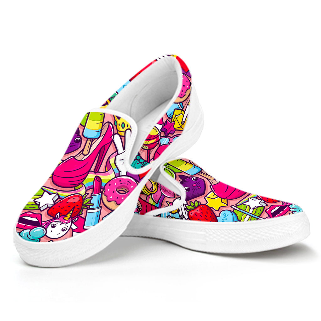 Girly Unicorn Cartoon Pattern Print White Slip On Sneakers