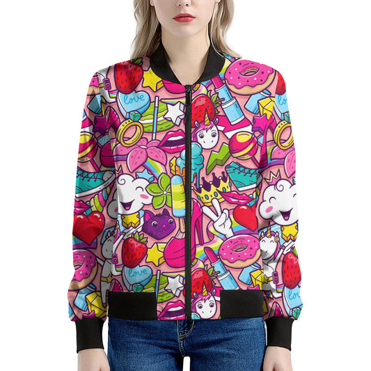 Girly Unicorn Cartoon Pattern Print Women's Bomber Jacket