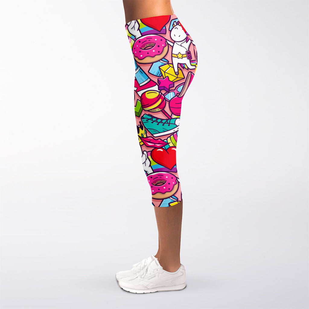 Girly Unicorn Cartoon Pattern Print Women's Capri Leggings
