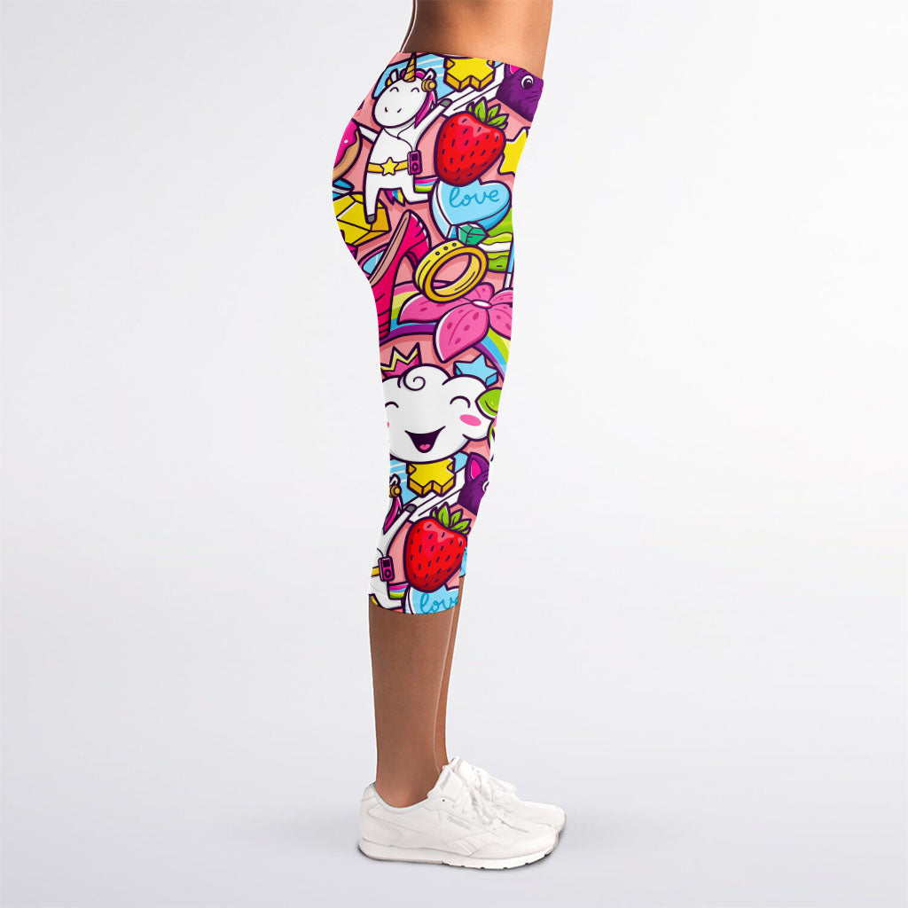 Girly Unicorn Cartoon Pattern Print Women's Capri Leggings