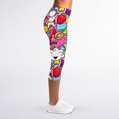 Girly Unicorn Cartoon Pattern Print Women's Capri Leggings