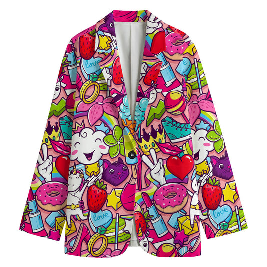 Girly Unicorn Cartoon Pattern Print Women's Cotton Blazer