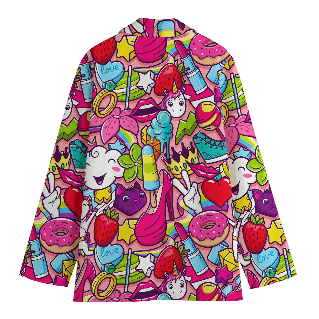 Girly Unicorn Cartoon Pattern Print Women's Cotton Blazer