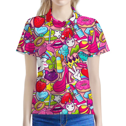 Girly Unicorn Cartoon Pattern Print Women's Polo Shirt