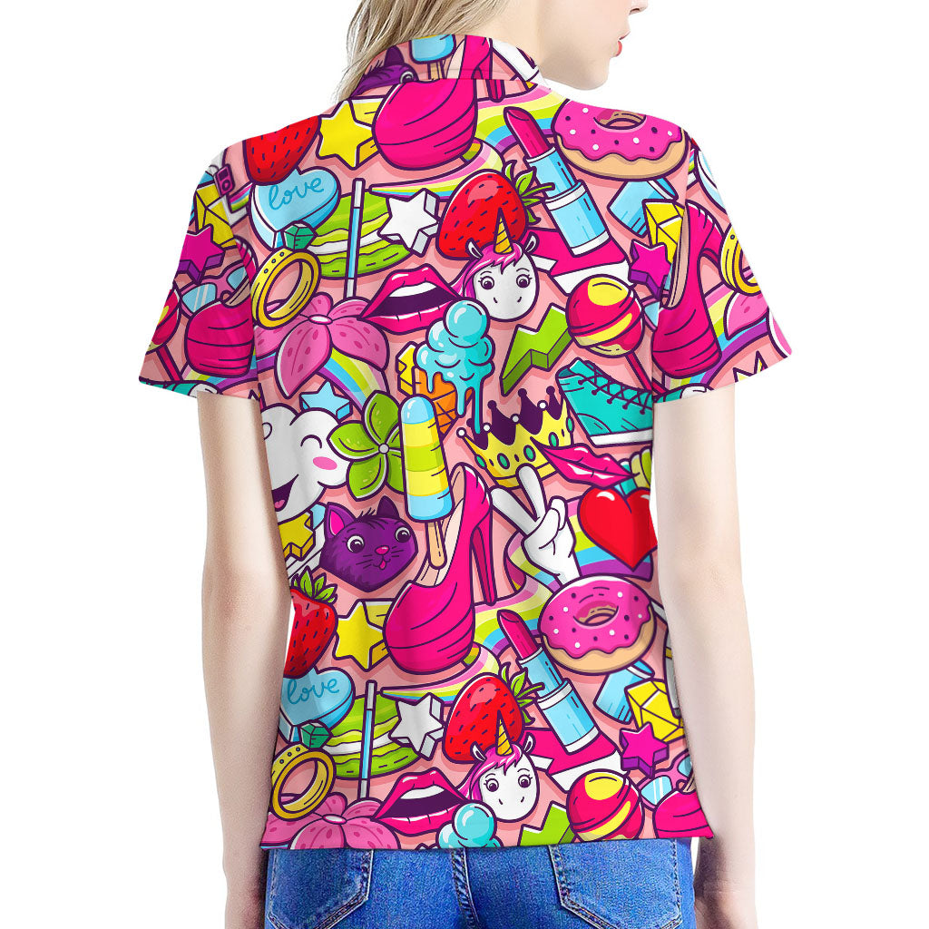Girly Unicorn Cartoon Pattern Print Women's Polo Shirt