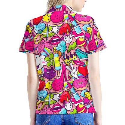 Girly Unicorn Cartoon Pattern Print Women's Polo Shirt