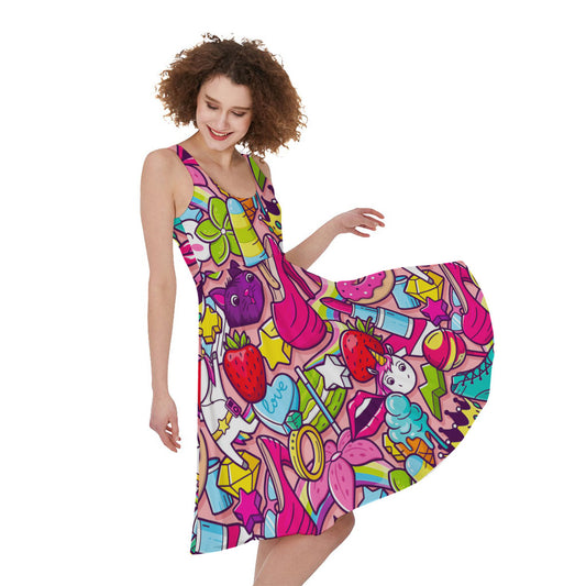 Girly Unicorn Cartoon Pattern Print Women's Sleeveless Dress