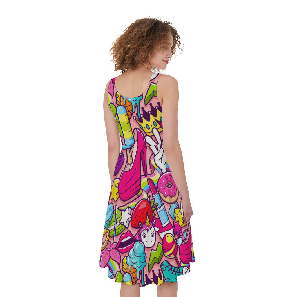 Girly Unicorn Cartoon Pattern Print Women's Sleeveless Dress
