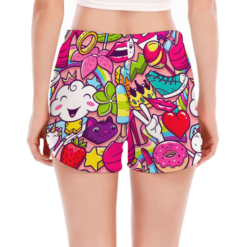 Girly Unicorn Cartoon Pattern Print Women's Split Running Shorts