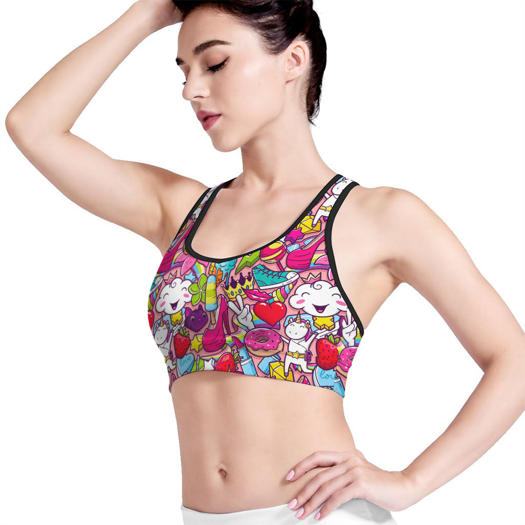 Girly Unicorn Cartoon Pattern Print Women's Sports Bra
