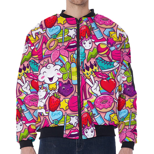 Girly Unicorn Cartoon Pattern Print Zip Sleeve Bomber Jacket