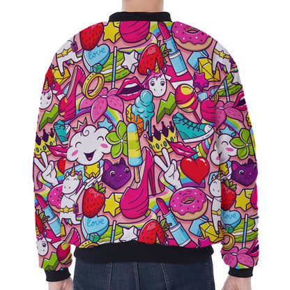 Girly Unicorn Cartoon Pattern Print Zip Sleeve Bomber Jacket