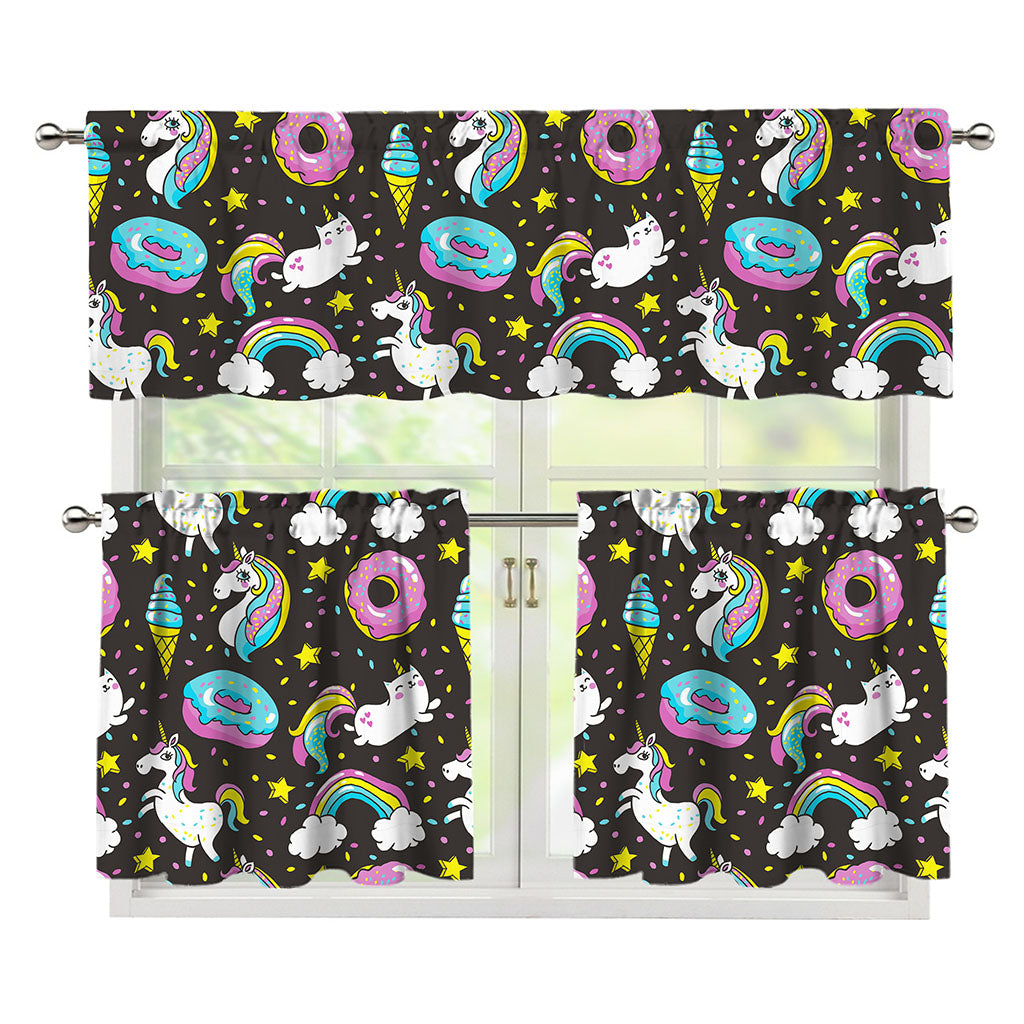 Girly Unicorn Donut Pattern Print 3 Piece Kitchen Curtains