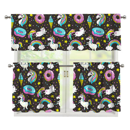 Girly Unicorn Donut Pattern Print 3 Piece Kitchen Curtains