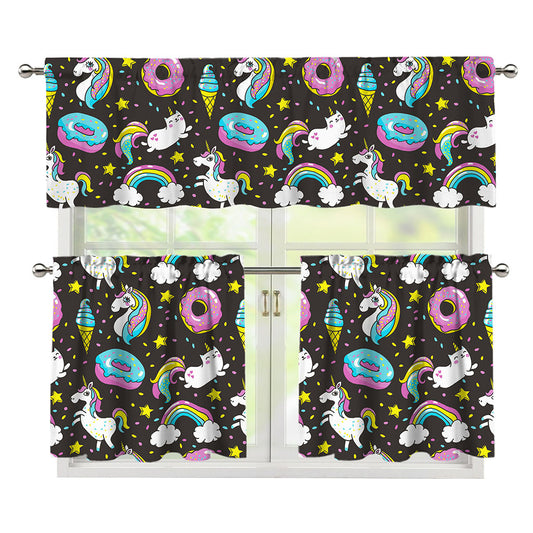 Girly Unicorn Donut Pattern Print 3 Piece Kitchen Curtains