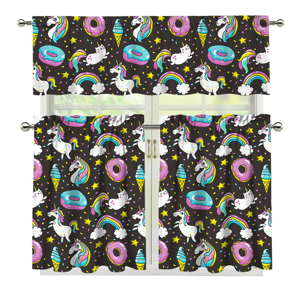 Girly Unicorn Donut Pattern Print 3 Piece Kitchen Curtains