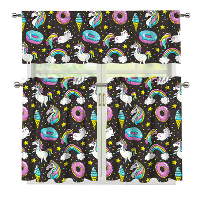 Girly Unicorn Donut Pattern Print 3 Piece Kitchen Curtains