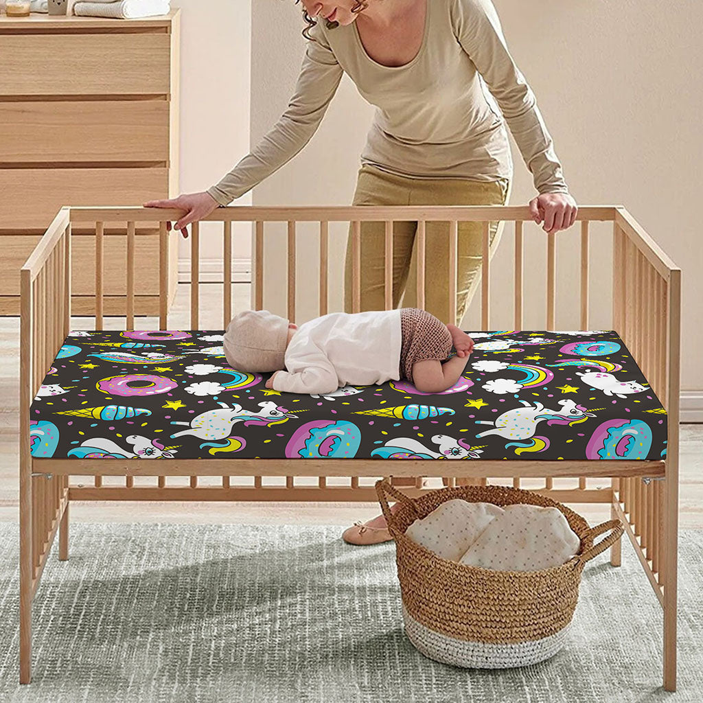 Girly Unicorn Donut Pattern Print Baby Crib Sheet