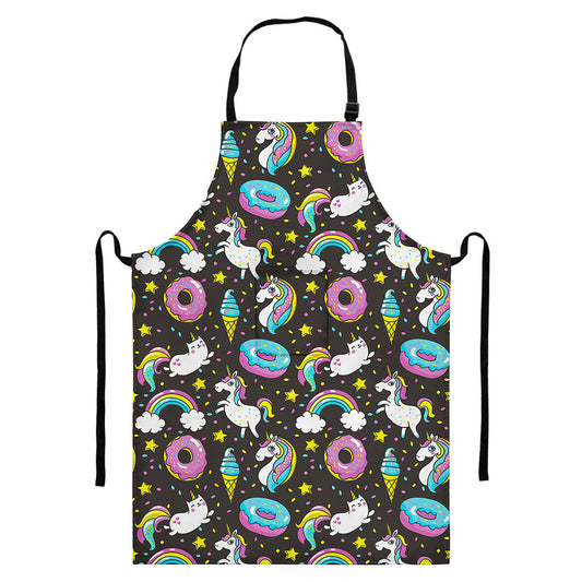 Girly Unicorn Donut Pattern Print Bib Apron With Pocket