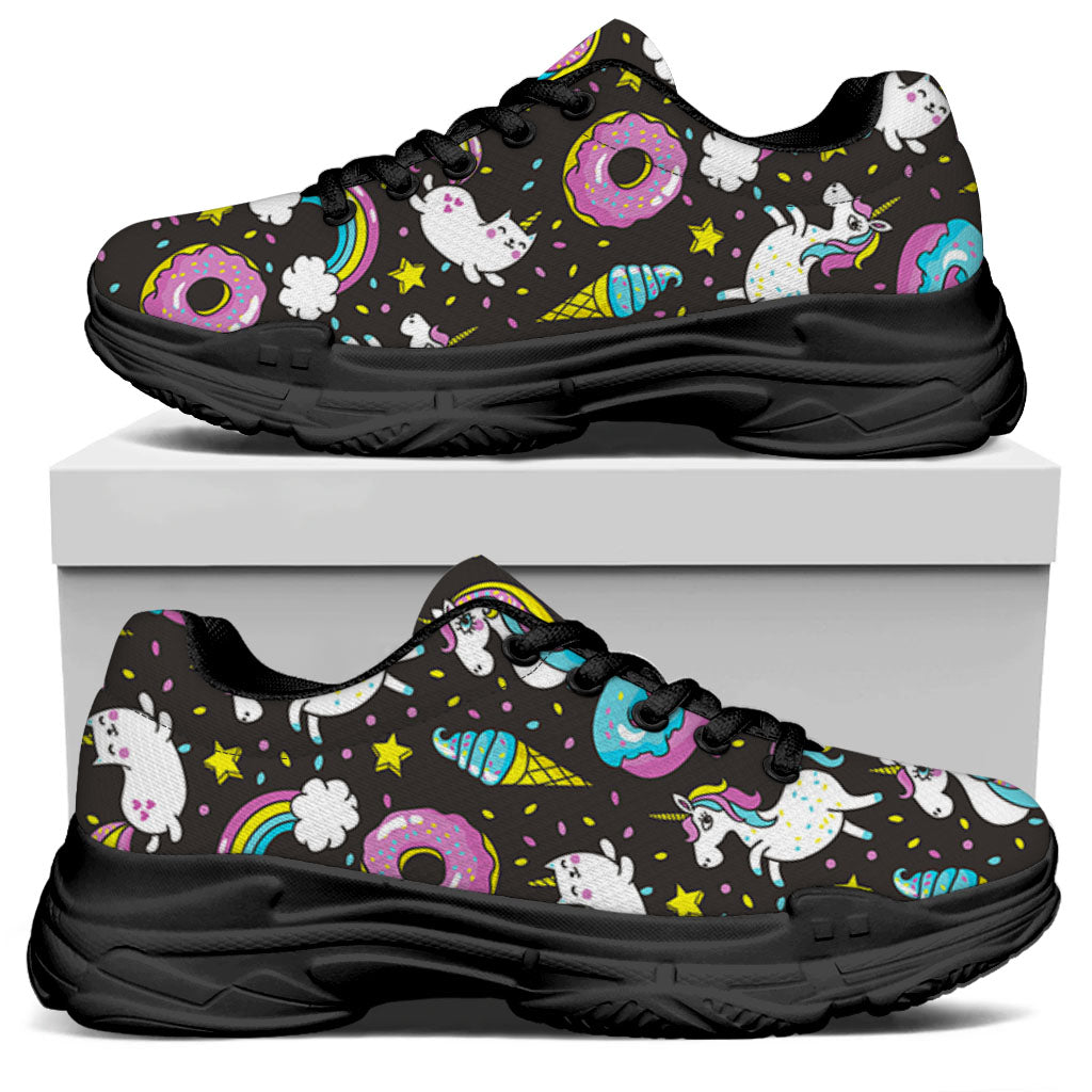 Girly Unicorn Donut Pattern Print Black Chunky Shoes