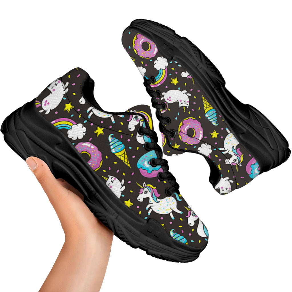 Girly Unicorn Donut Pattern Print Black Chunky Shoes