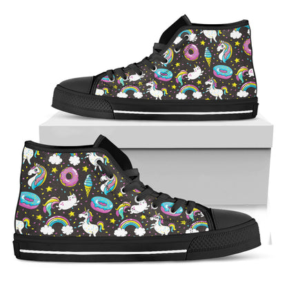 Girly Unicorn Donut Pattern Print Black High Top Sneakers