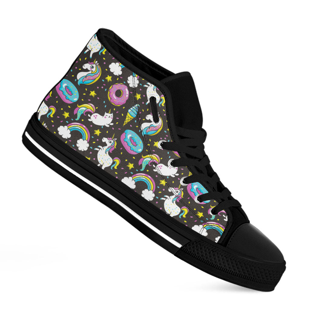 Girly Unicorn Donut Pattern Print Black High Top Sneakers