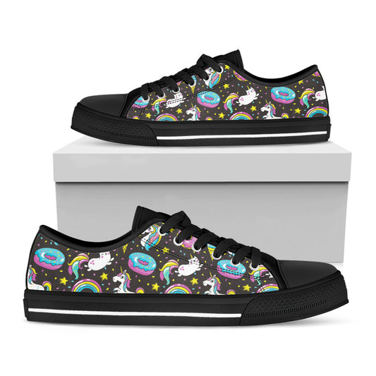Girly Unicorn Donut Pattern Print Black Low Top Sneakers