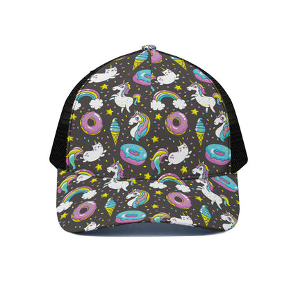 Girly Unicorn Donut Pattern Print Black Mesh Trucker Cap