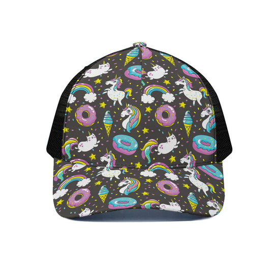 Girly Unicorn Donut Pattern Print Black Mesh Trucker Cap