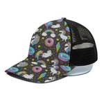 Girly Unicorn Donut Pattern Print Black Mesh Trucker Cap