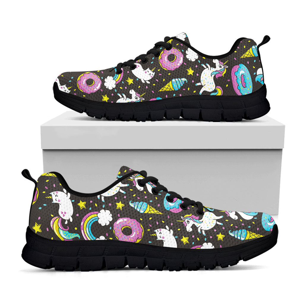 Girly Unicorn Donut Pattern Print Black Running Shoes