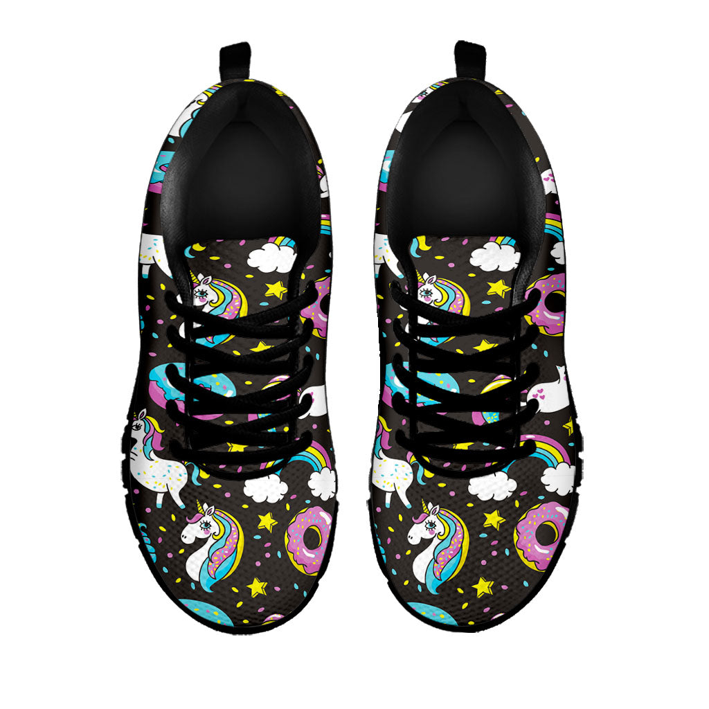 Girly Unicorn Donut Pattern Print Black Running Shoes