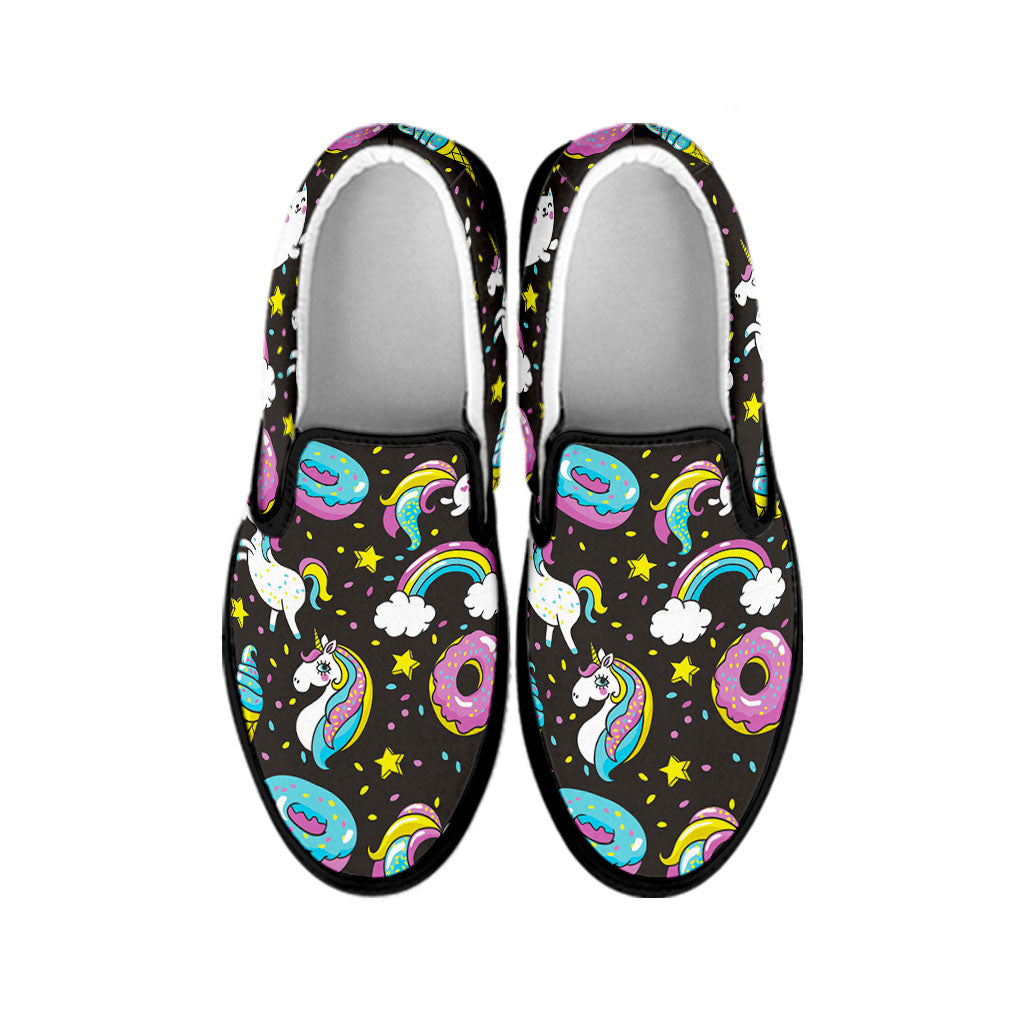 Girly Unicorn Donut Pattern Print Black Slip On Sneakers