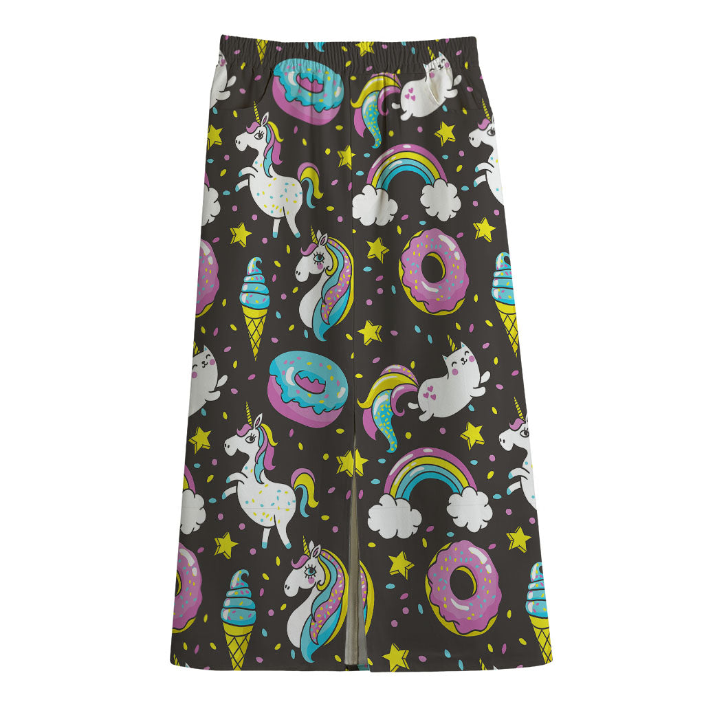 Girly Unicorn Donut Pattern Print Cotton Front Slit Maxi Skirt