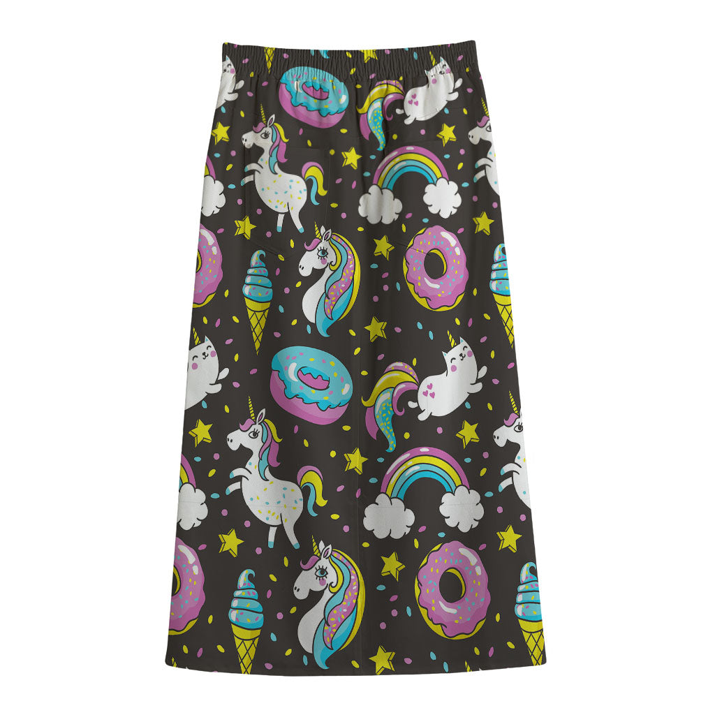 Girly Unicorn Donut Pattern Print Cotton Front Slit Maxi Skirt