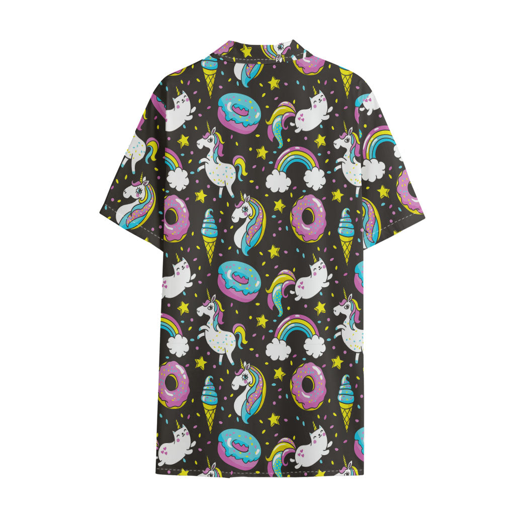 Girly Unicorn Donut Pattern Print Cotton Hawaiian Shirt