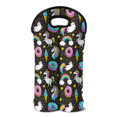 Girly Unicorn Donut Pattern Print Double Neoprene Wine Tote