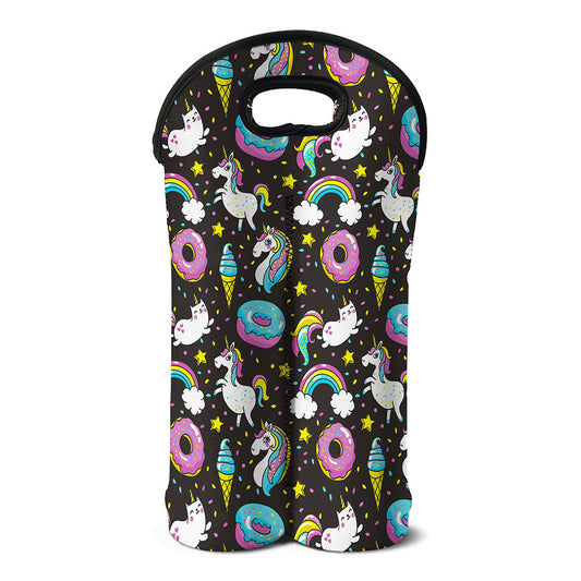 Girly Unicorn Donut Pattern Print Double Neoprene Wine Tote