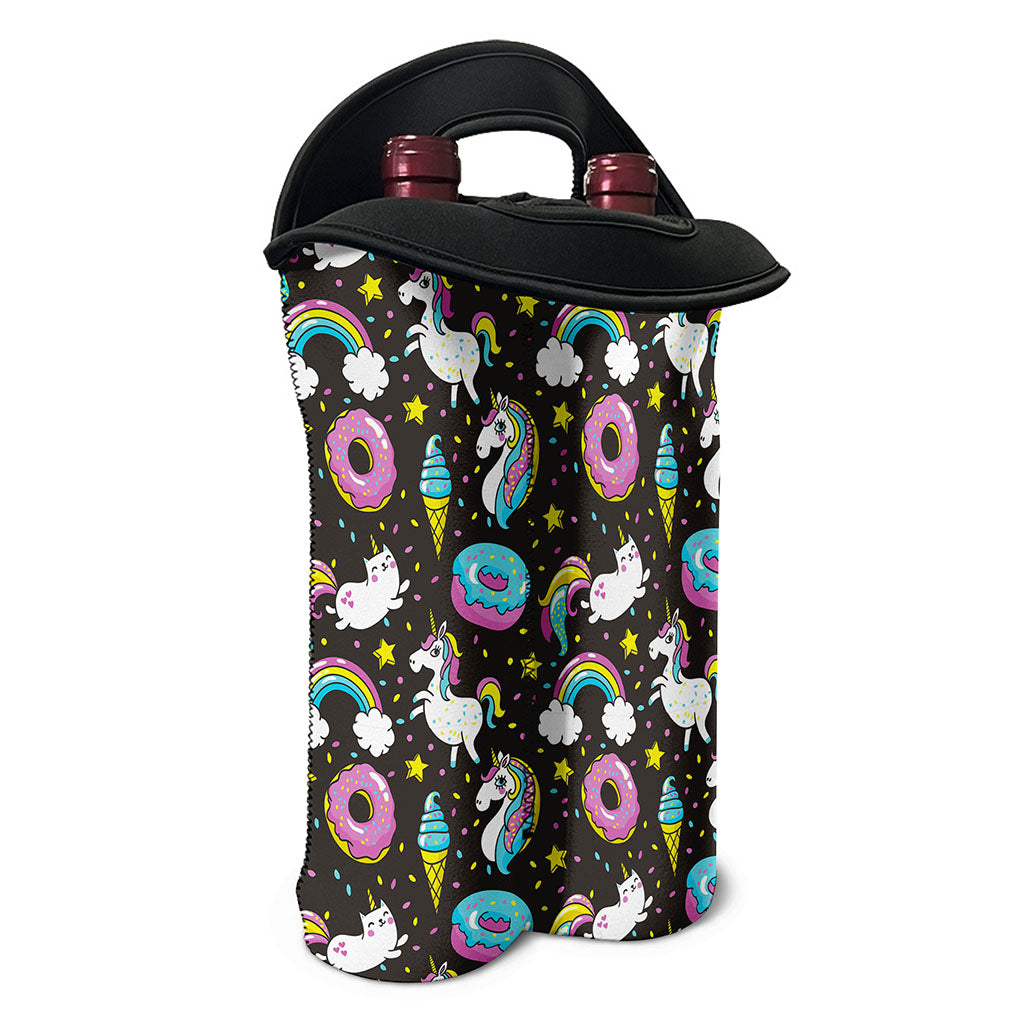 Girly Unicorn Donut Pattern Print Double Neoprene Wine Tote