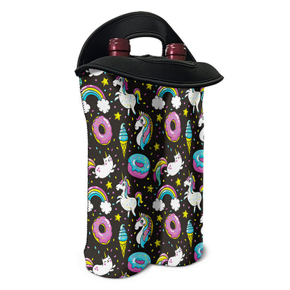 Girly Unicorn Donut Pattern Print Double Neoprene Wine Tote
