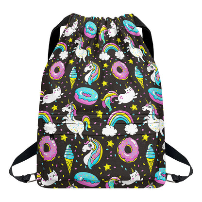Girly Unicorn Donut Pattern Print Drawstring Backpack