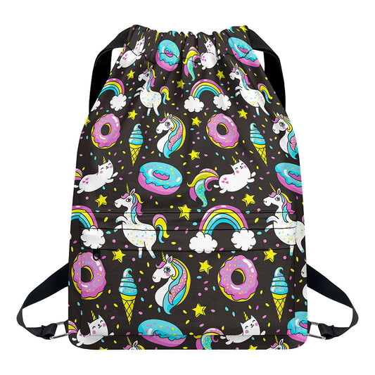 Girly Unicorn Donut Pattern Print Drawstring Backpack