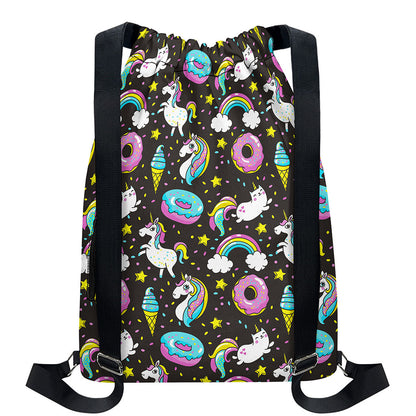 Girly Unicorn Donut Pattern Print Drawstring Backpack