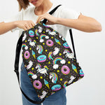 Girly Unicorn Donut Pattern Print Drawstring Backpack