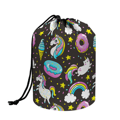 Girly Unicorn Donut Pattern Print Drawstring Makeup Bag