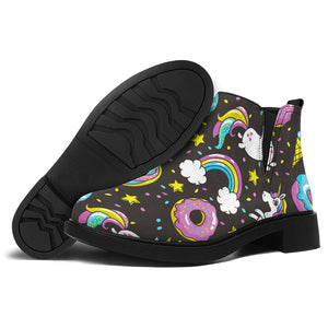 Girly Unicorn Donut Pattern Print Flat Ankle Boots